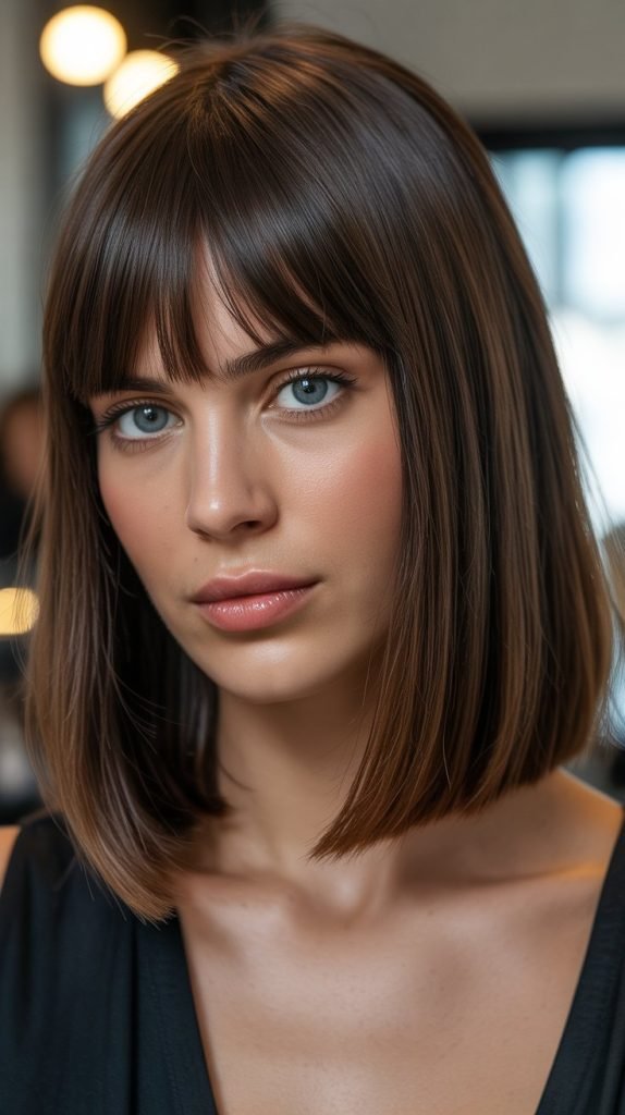 31. Sleek Long Bob with Curtain Bangs and Glossy Finish