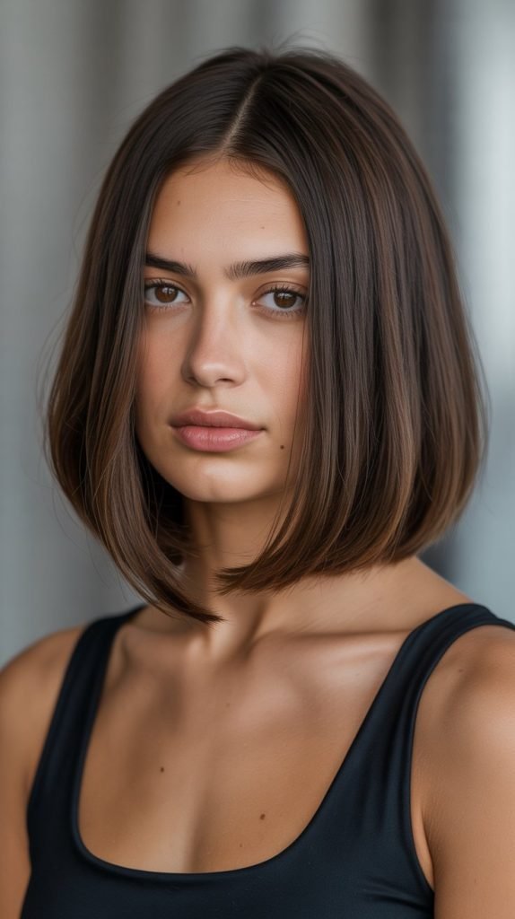 4. Sleek Angled Long Bob with Center-Parted Curtain Bangs