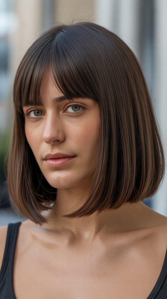 1. Classic Straight Long Bob with Curtain Bangs