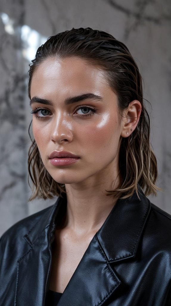 Slicked Back Long Bob with Gel-Styled Curtain Bangs