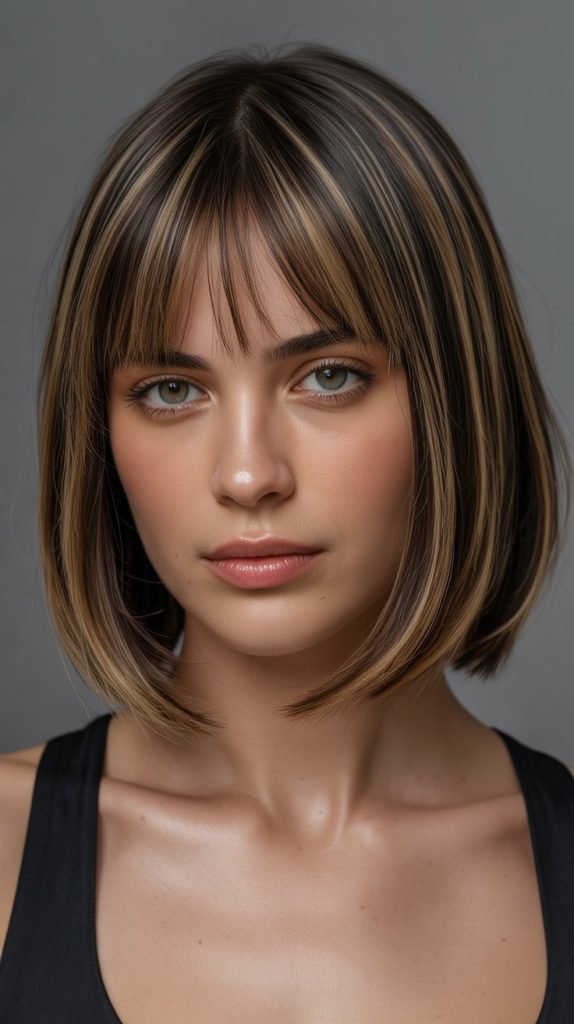 21. Smoothed Long Bob with Glossy Curtain Bangs