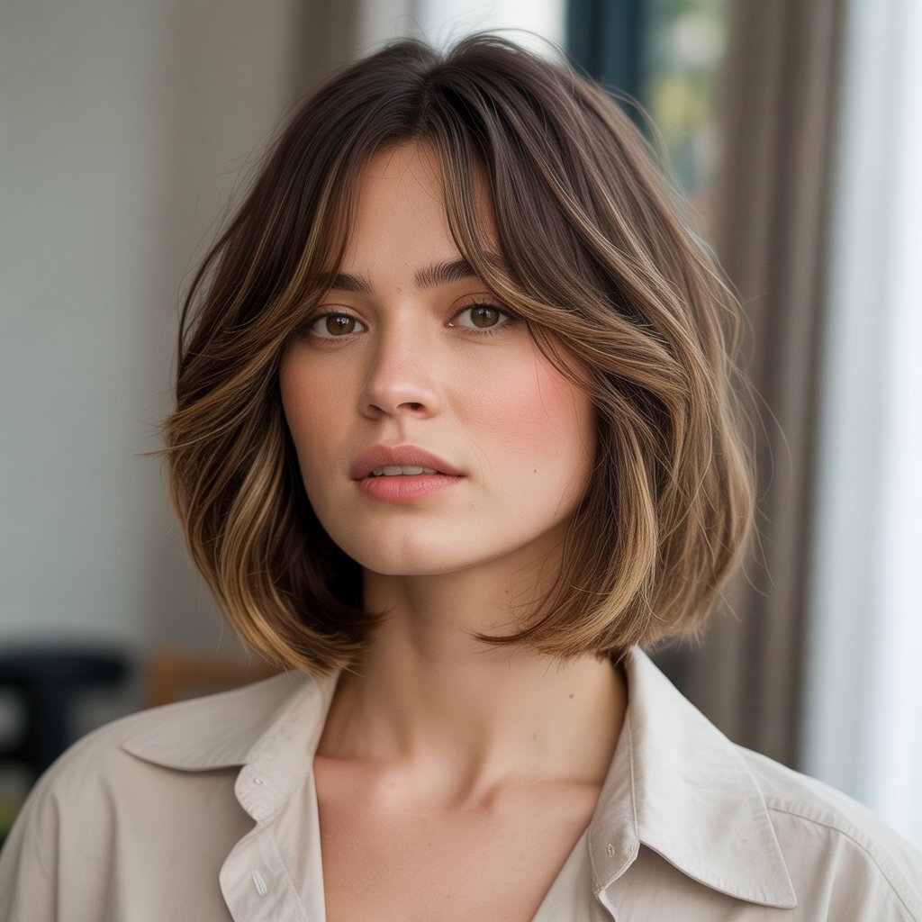 25. Long Bob with Curtain Bangs for Square Faces