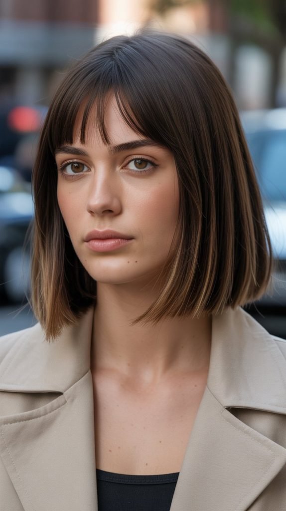 23. Long Bob with Curtain Bangs for Square Faces