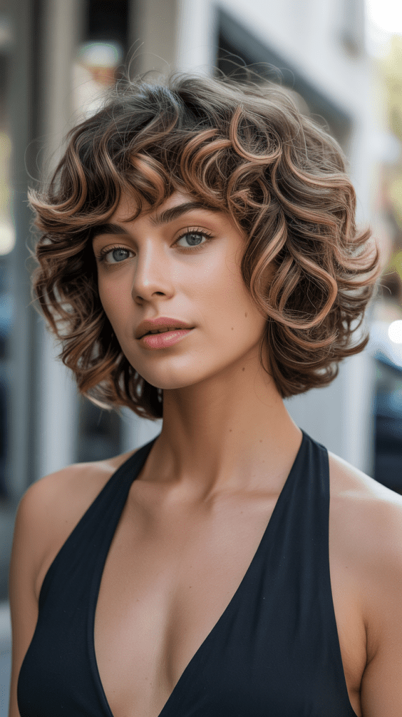 Stacked Curly Bob with Long Bangs