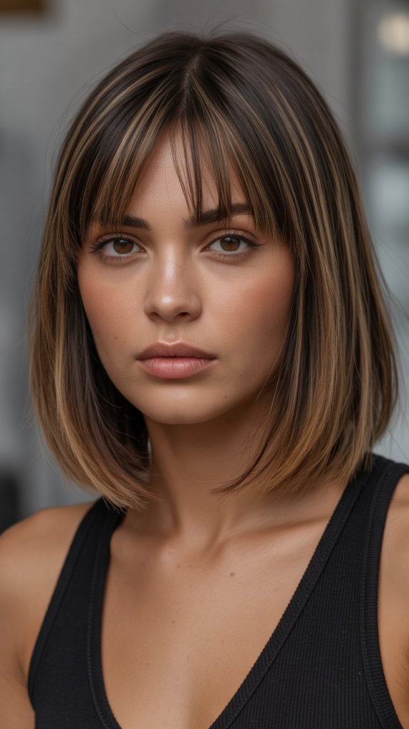 24. Straight Long Bob with Heavy Curtain Bangs