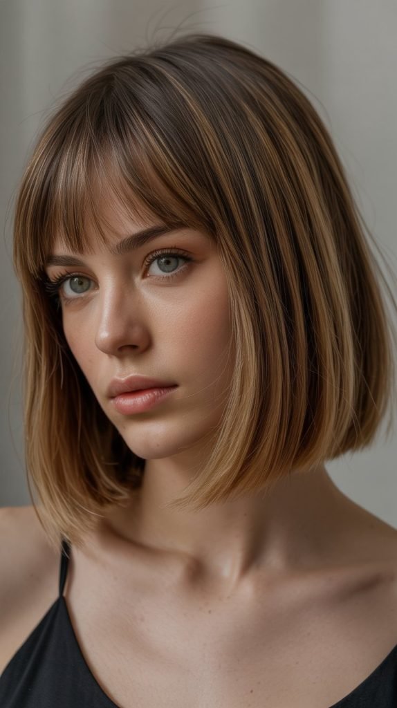 7. Long Bob with Curtain Bangs and Face-Framing Layers