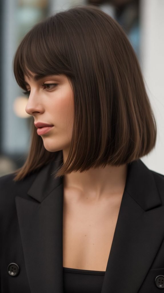 12. Long Bob with Curtain Bangs and Deep Side Part