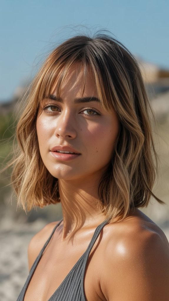 Sun-Kissed Long Bob with Face-Framing Curtain Bangs