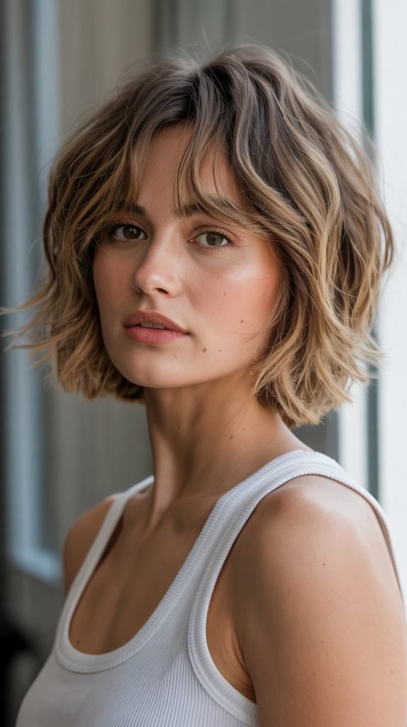 2. Textured French Bob with Wispy Bangs