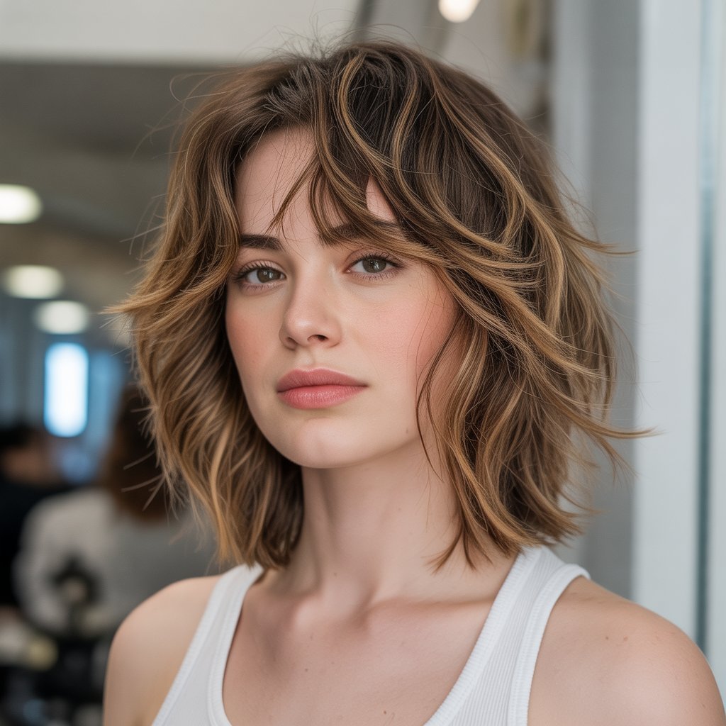 2. Textured Long Bob with Wispy Curtain Bangs