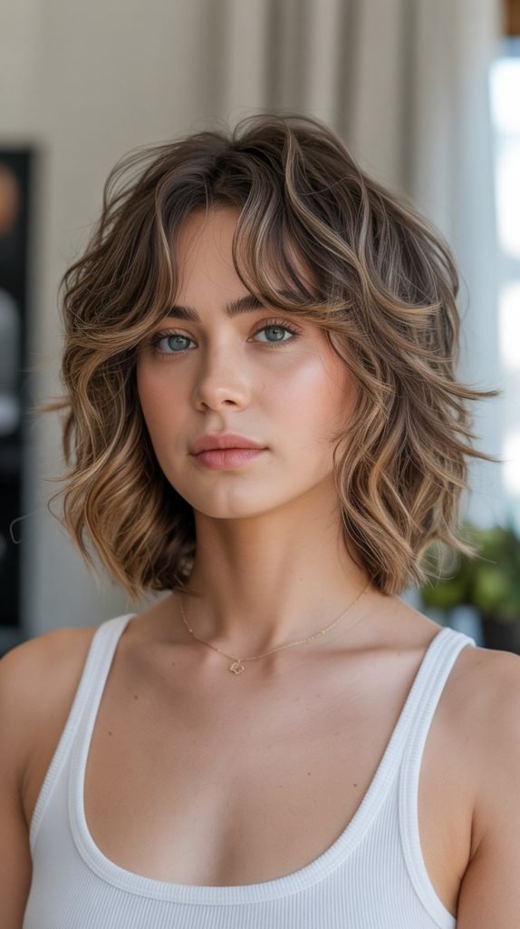  Textured Wavy Long Bob with Feathered Curtain Bangs