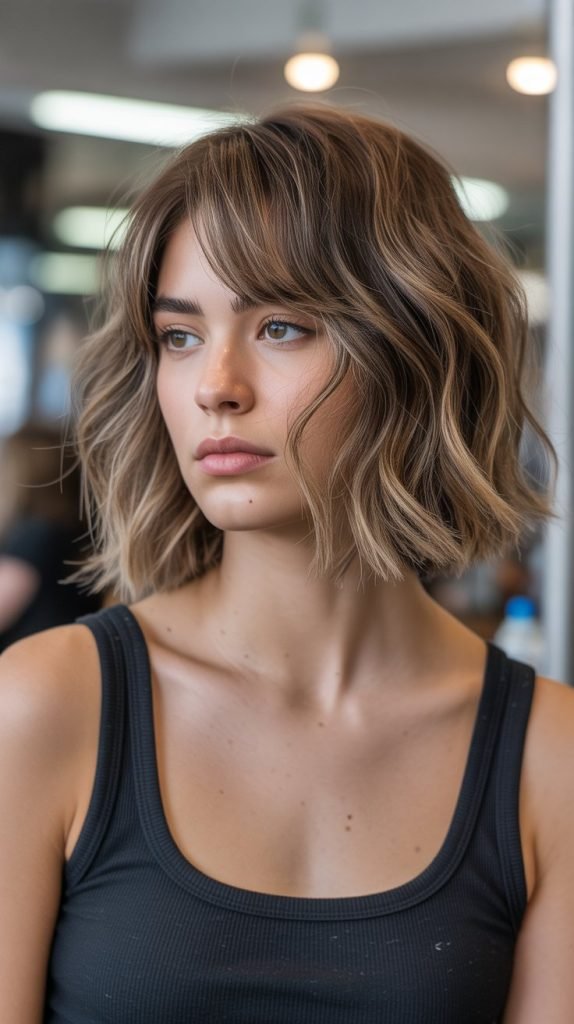 25. Textured Long Bob with Curtain Bangs and Razored Ends