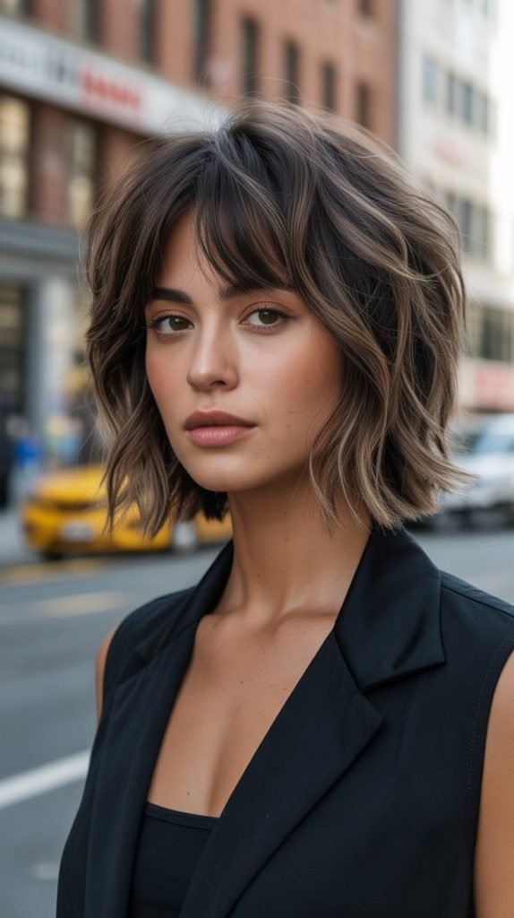 Textured Long Bob with Choppy Curtain Bangs