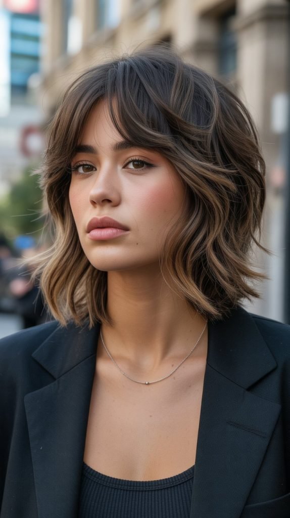 Textured Shag-Inspired Lob with Curtain Bangs