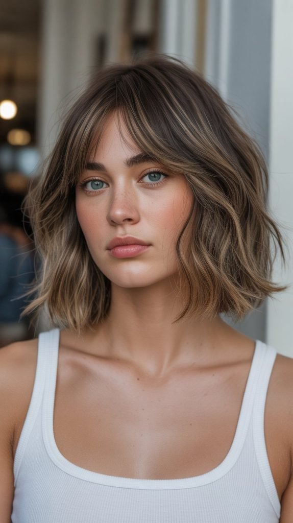 3. Textured Long Bob with Curtain Bangs