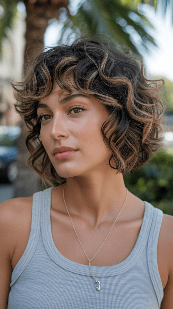 Textured Curly Bob with Choppy Bangs