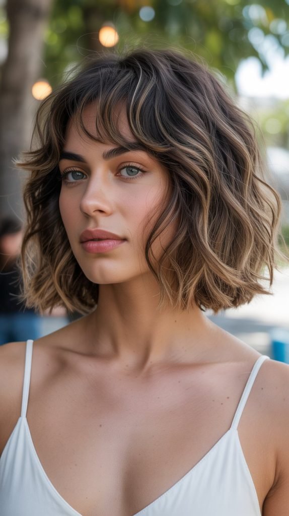  Textured Wavy Long Bob with Soft Curtain Bangs