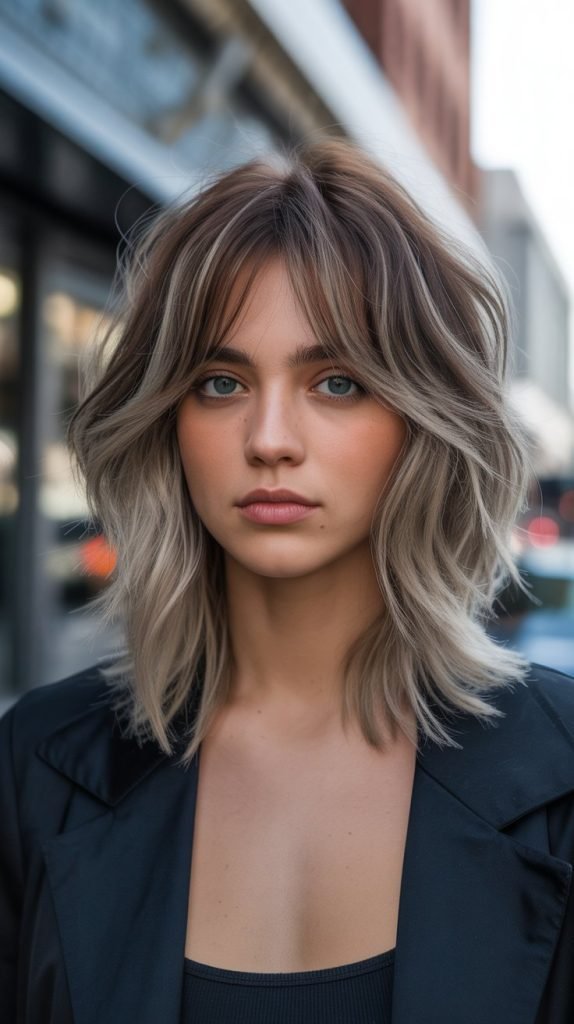 Textured Long Bob with Choppy Curtain Bangs