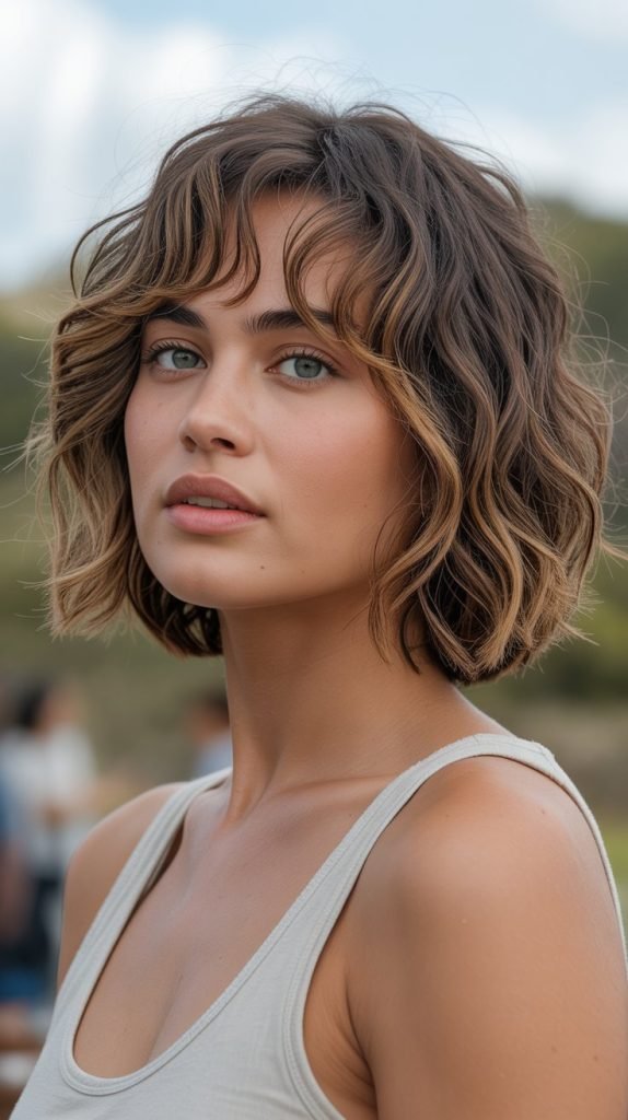 2. Textured Wavy Long Bob with Curtain Bangs
