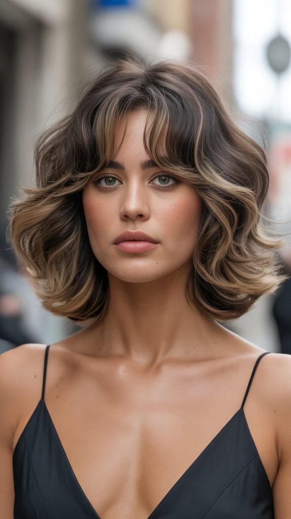 Voluminous Long Bob with Full Curtain Bangs