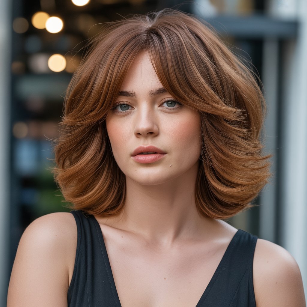 Voluminous Lob with Curtain Bangs and Root Lift