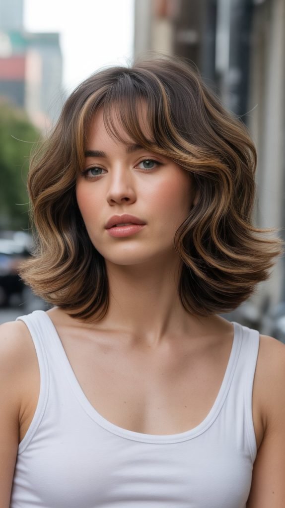 14. Voluminous Long Bob with Rounded Bangs