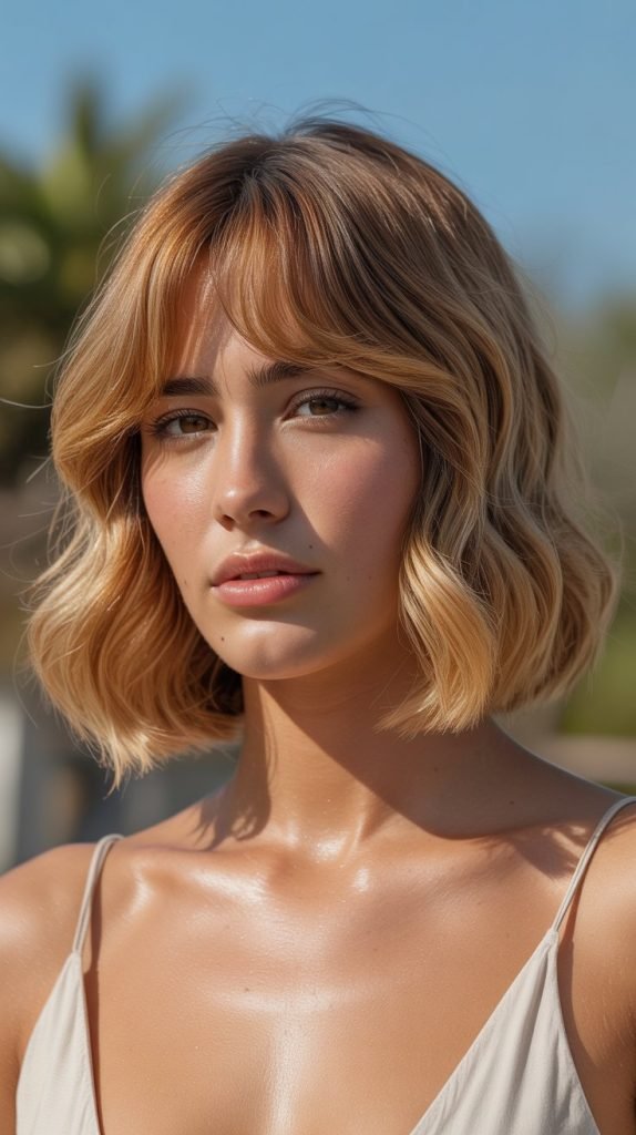 16. Honey Blonde Long Bob with Curtain Bangs
