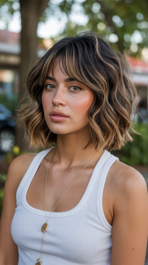 4. Wavy Bob with Curtain Bangs