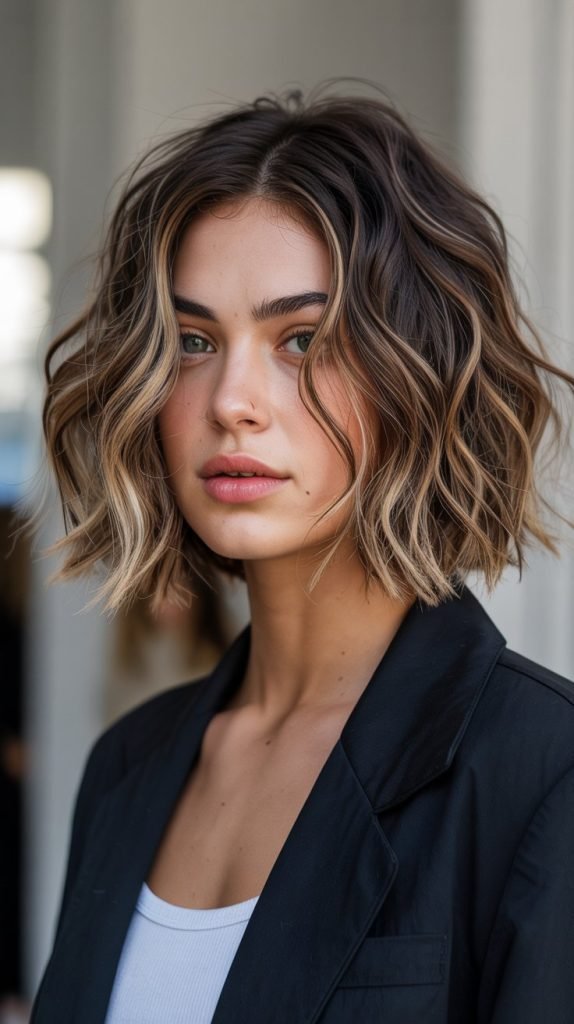 15. Wavy Bob with Peekaboo Highlights