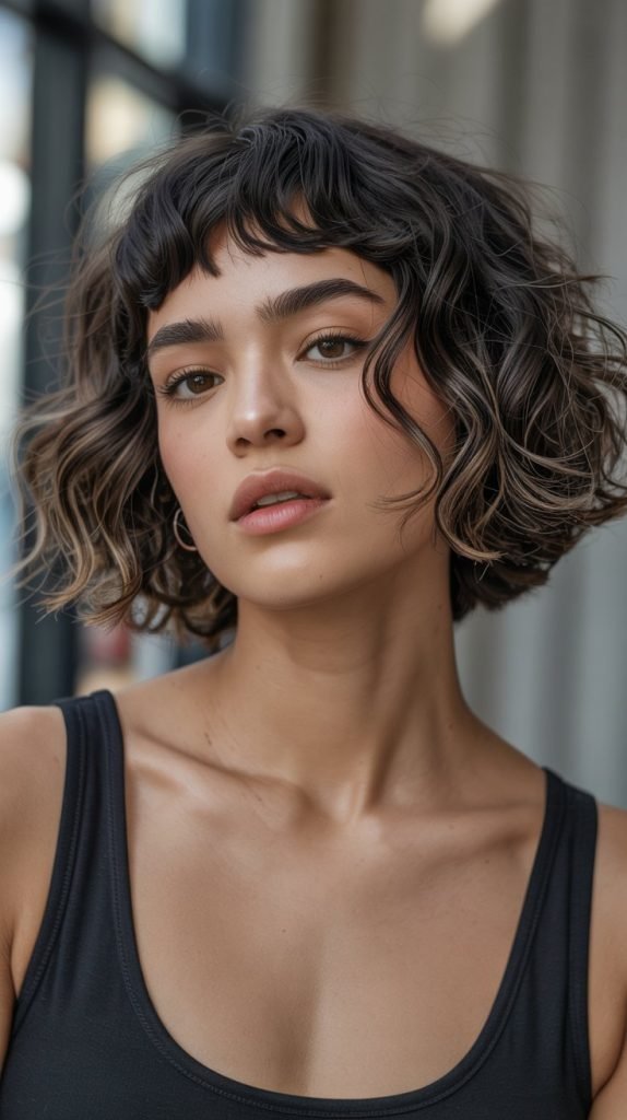 7. Wavy Bob with Baby Bangs