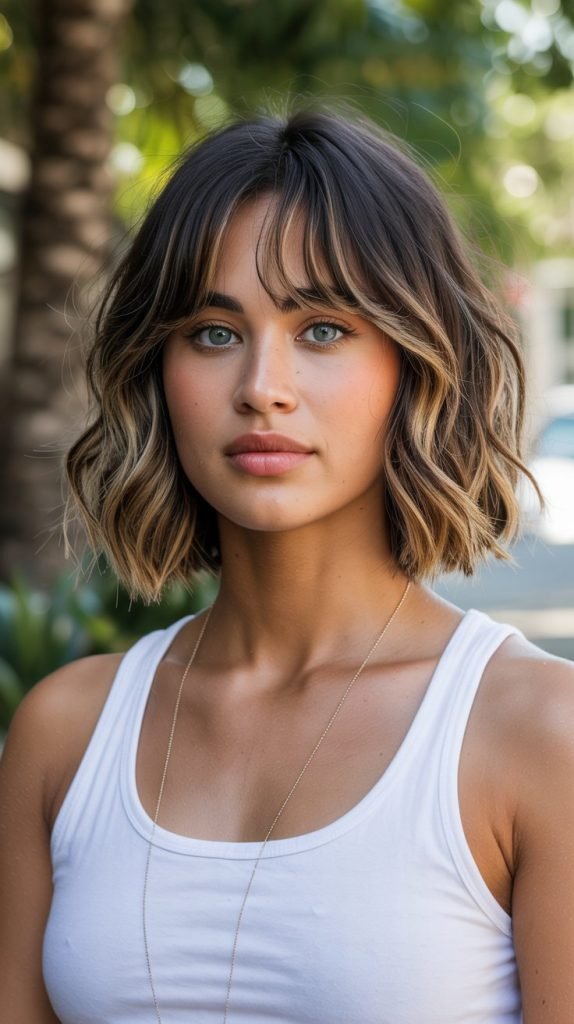 8. Wavy French Bob with Long Curtain Bangs