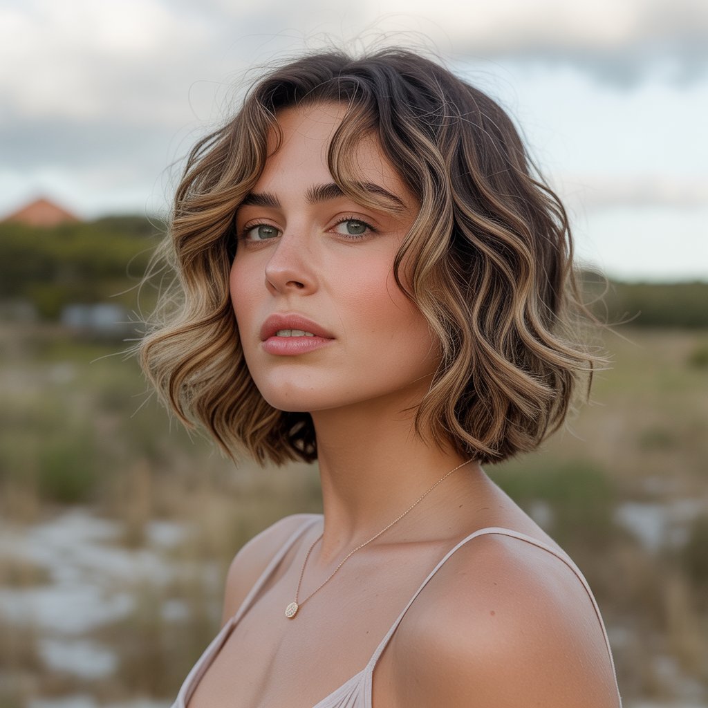 5. Wavy Long Bob with Soft Curtain Bangs