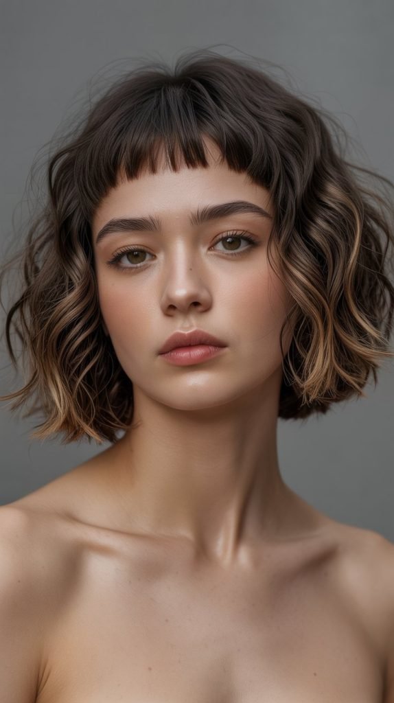 5. Wavy Long Bob with Micro Bangs