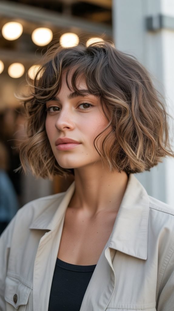 2. Textured Wavy Long Bob with Curtain Bangs