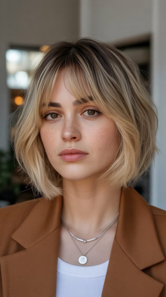 32. Almond Blonde Bob with Curtain Bangs