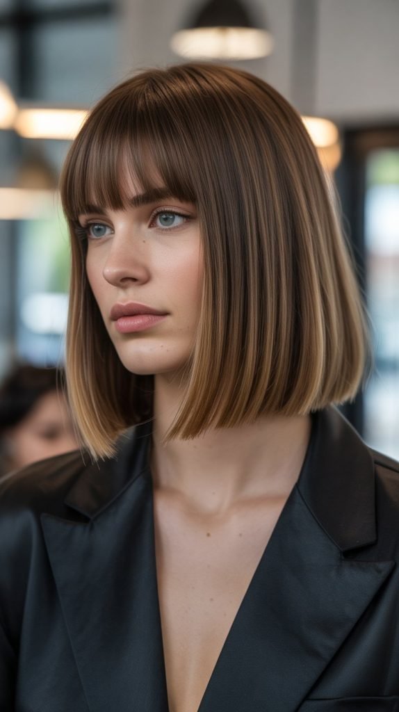 10. Angled Long Bob with Graduated Curtain Bangs
