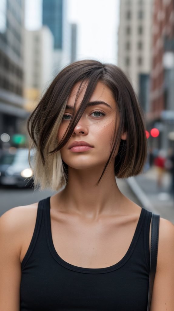 Asymmetrical Long Bob with Side-Swept Curtain Bangs