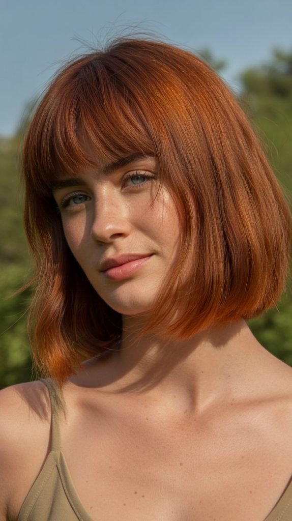 Auburn Long Bob with Curtain Bangs