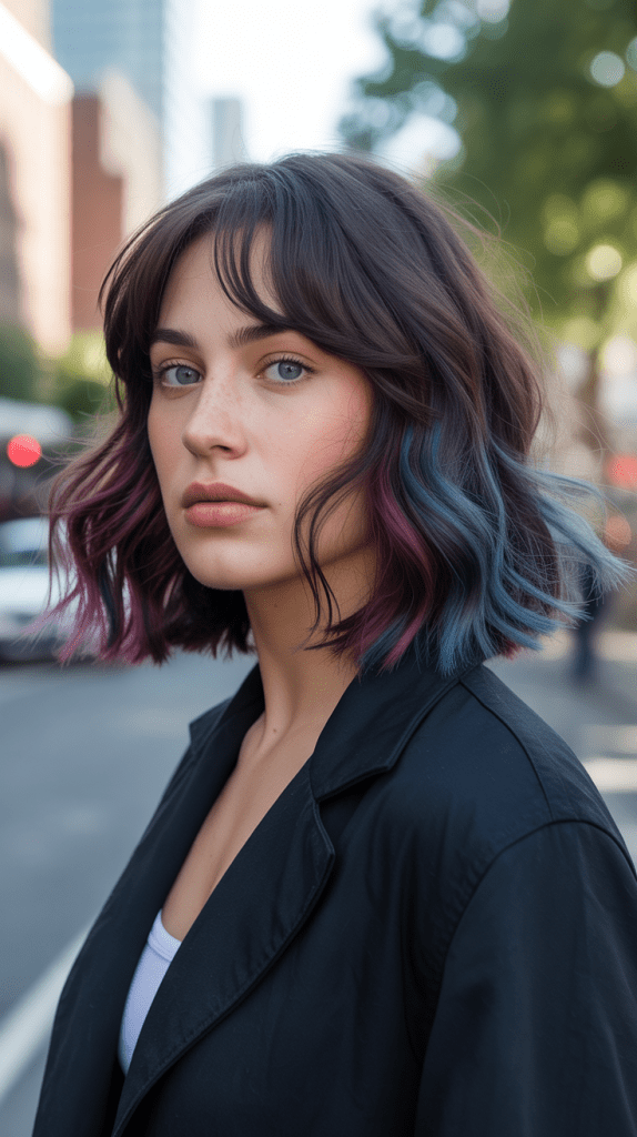  Edgy Long Bob with Curtain Bangs and Colored Ends