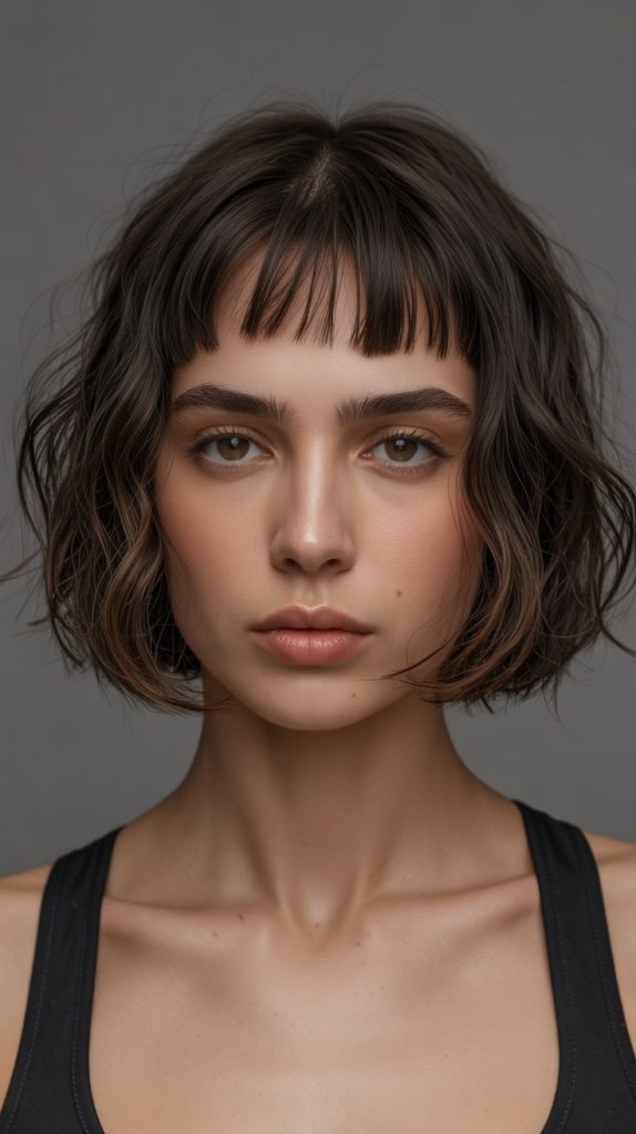 30. Edgy Long Bob with Micro-Bangs Curtain Style