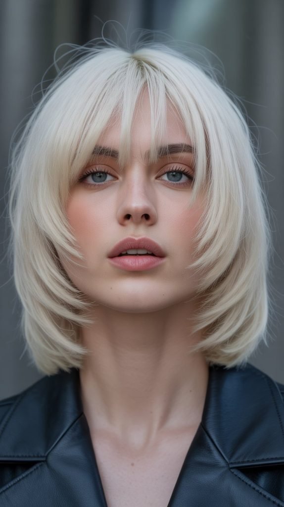 13. Platinum Blonde Long Bob with Curtain Bangs