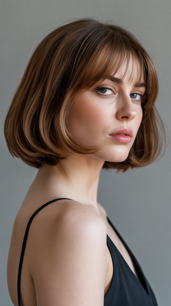 Inverted Long Bob with Swooping Curtain Bangs