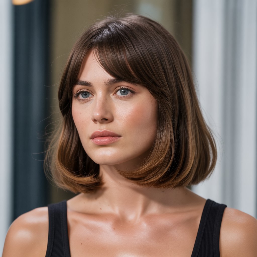 26. Long Bob with Curtain Bangs for Oval Faces