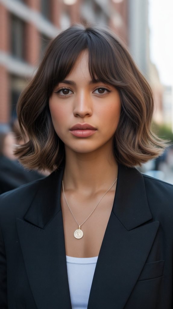 19. Long Bob with Curtain Bangs for Oval Faces