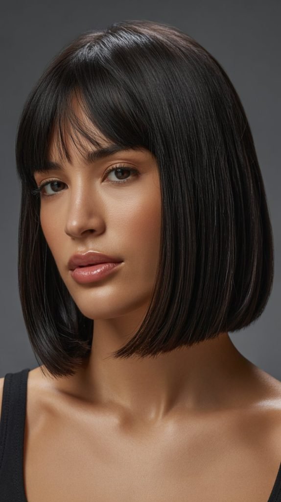  Sleek Long Bob with Curtain Bangs
