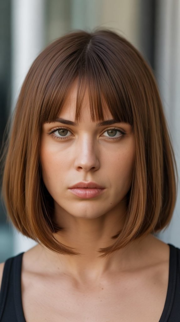 Angled Long Bob with Curtain Bangs and Middle Part