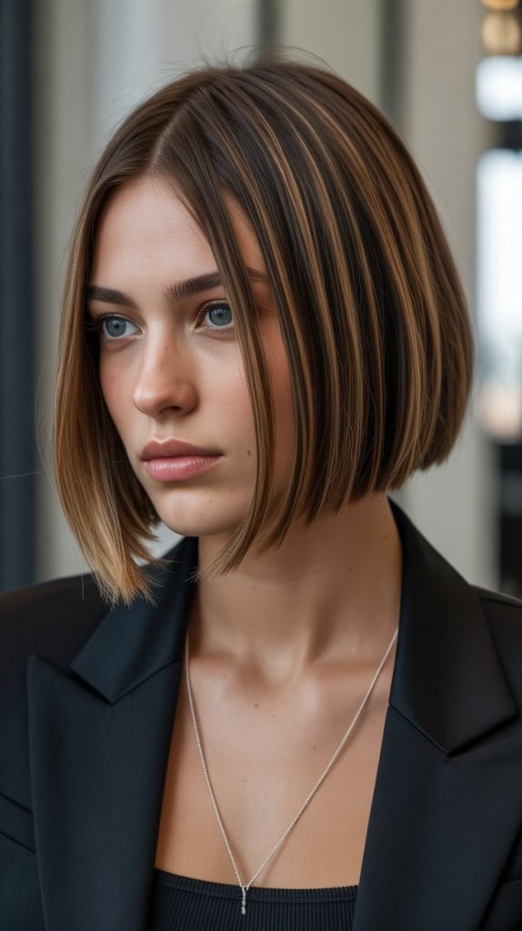 Angled Long Bob with Graduated Curtain Bangs