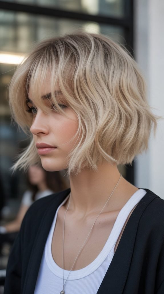 Angled Lob with Feathered Curtain Bangs