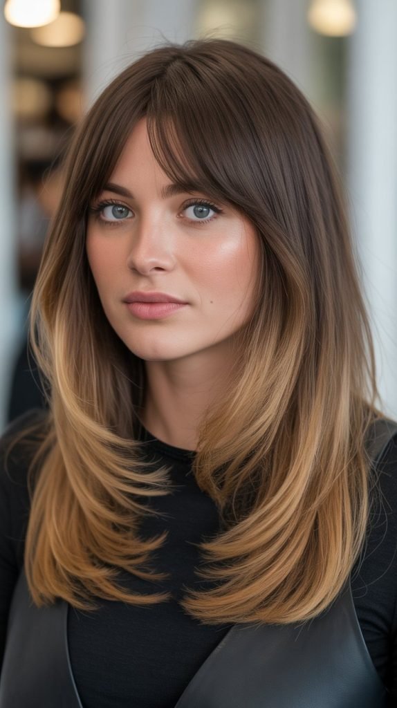 Angled Long Bob with Curtain Bangs and Ombre Effect