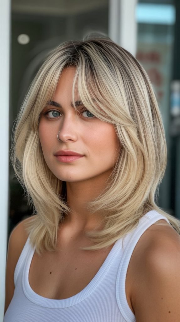  Angled Long Bob with Curtain Bangs and Blonde Tones